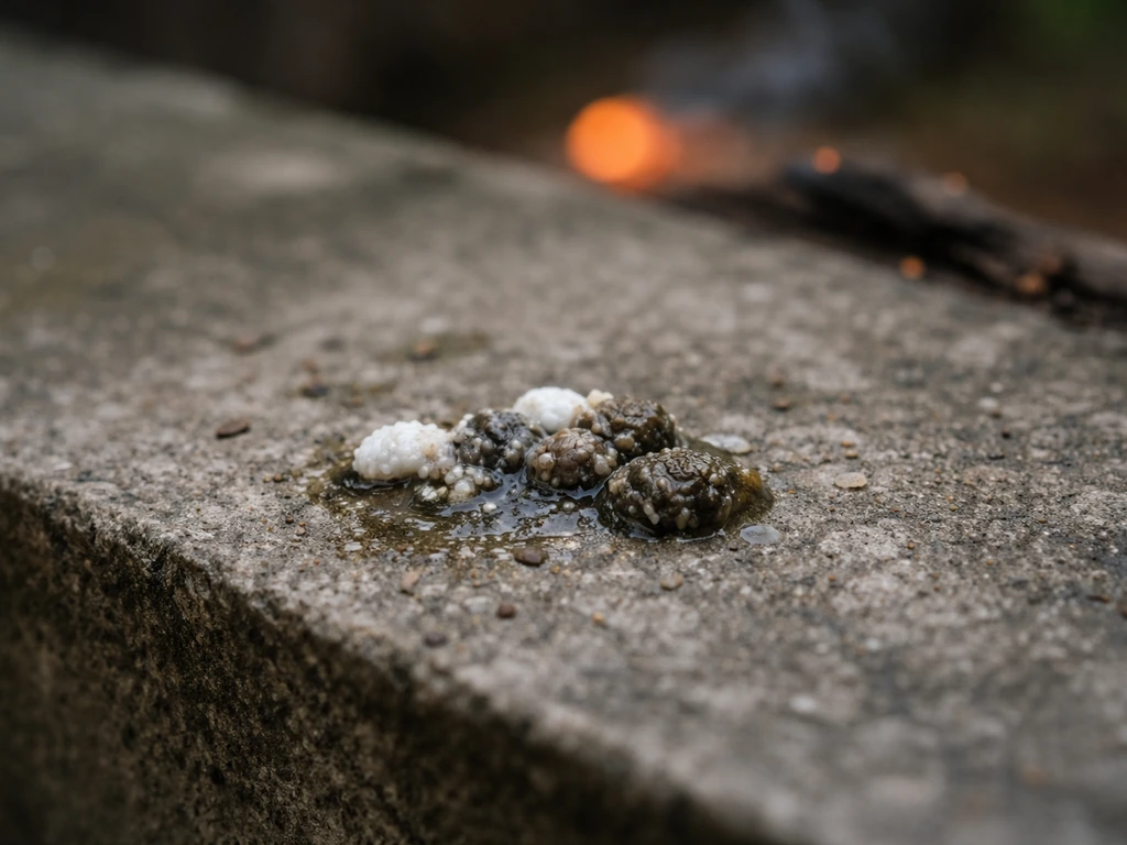 Close-up of bird droppings on concrete with a faint warm glow suggesting potential flammability risk.