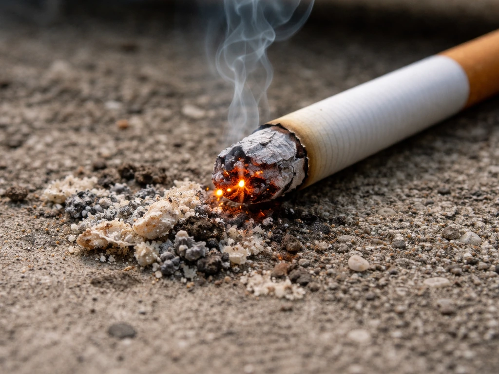 Lit cigarette ember near dried bird droppings on a rooftop surface, showing ignition risk