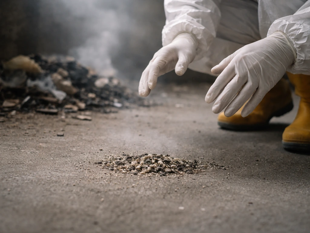 Gloved hands hovering near dried bird droppings with light dust and smoke in the air for inhalation risk.