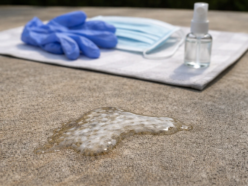 Close-up of a white-streaked droplet stain on an outdoor surface with a cleaner’s PPE items nearby.