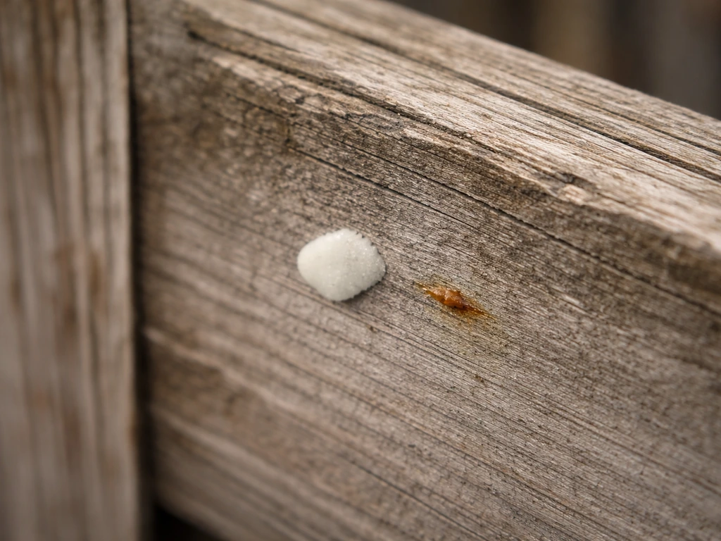 Close-up of an exterior wall with an ambiguous white droplet and a nearby amber stain suggesting sap or residue.