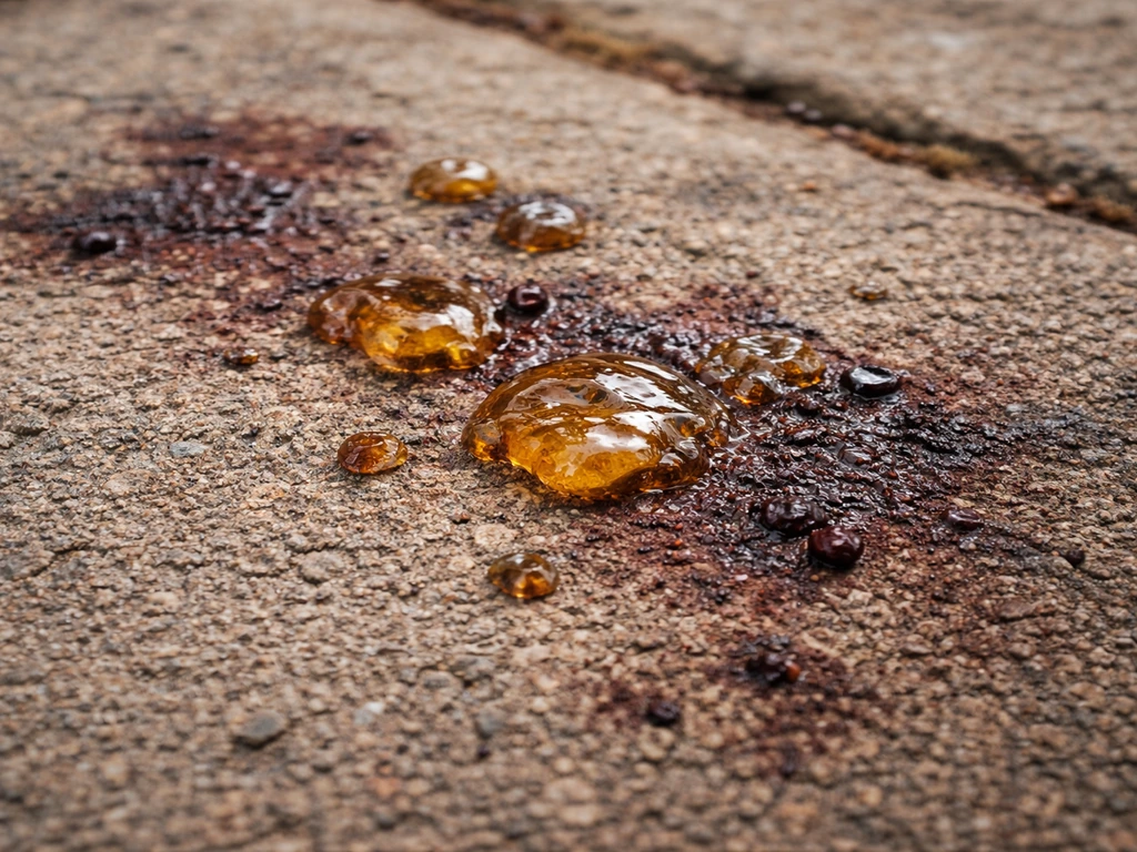 Close-up of dried amber tree sap and berry stains on a walkway with small sticky hard spots