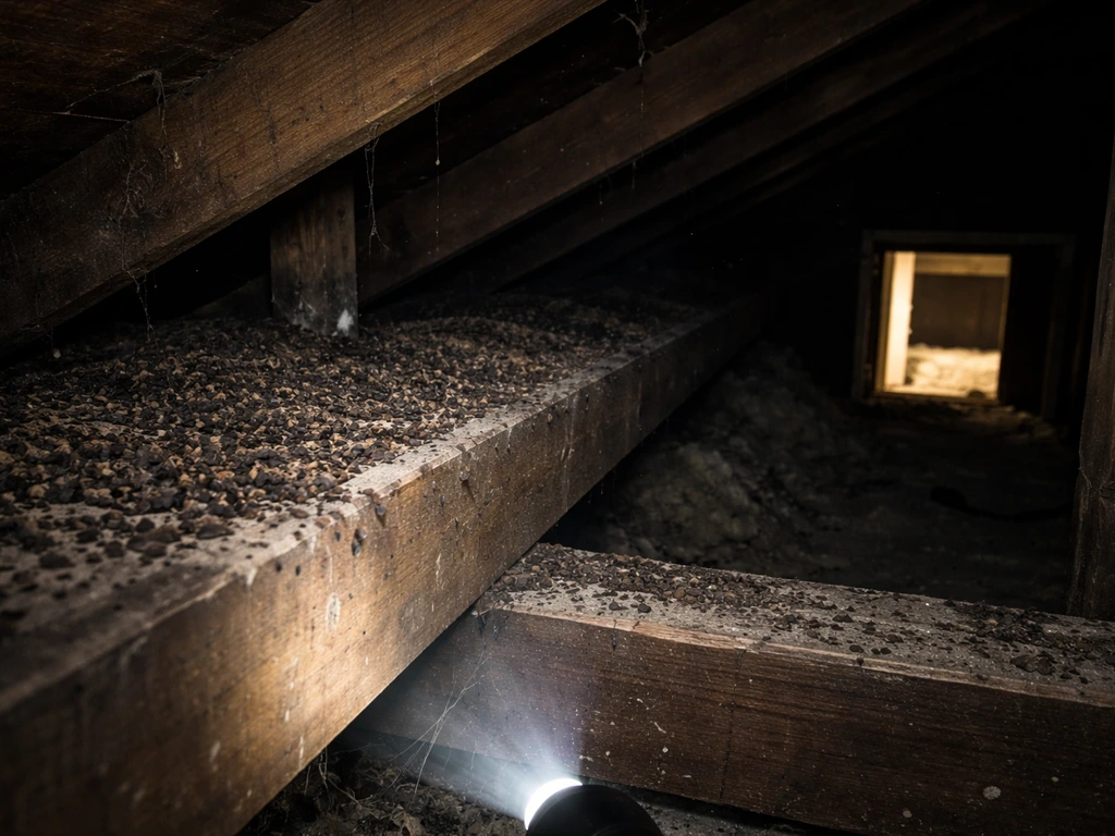 Dim attic roofline showing heavy bat guano buildup near an open access hatch, no people visible.