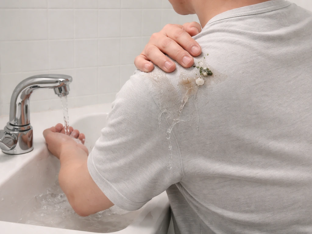 Person rinsing bird droppings off their shoulder at a sink with one hand holding the shoulder