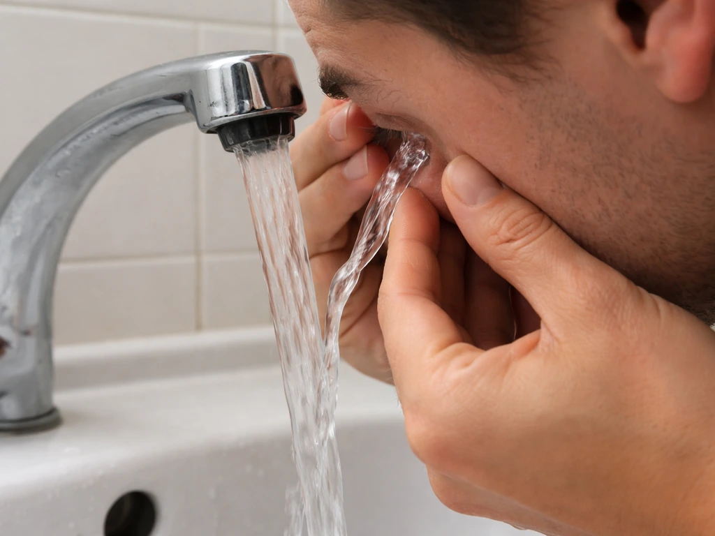 Anonymous person rinsing an eye with gently flowing water at a bathroom sink, eyelids kept open.
