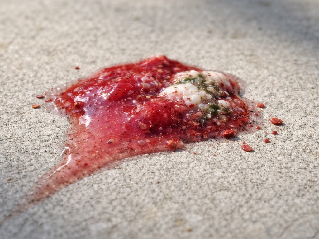 Close-up of red/pink bird droppings on a neutral textured surface with clear detail.