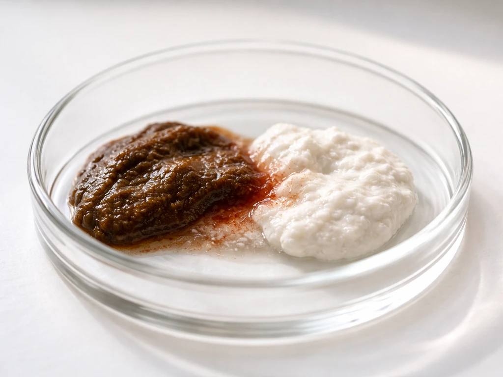 Macro view of dark feces and chalky white urate paste beginning to blend into a reddish mixture.