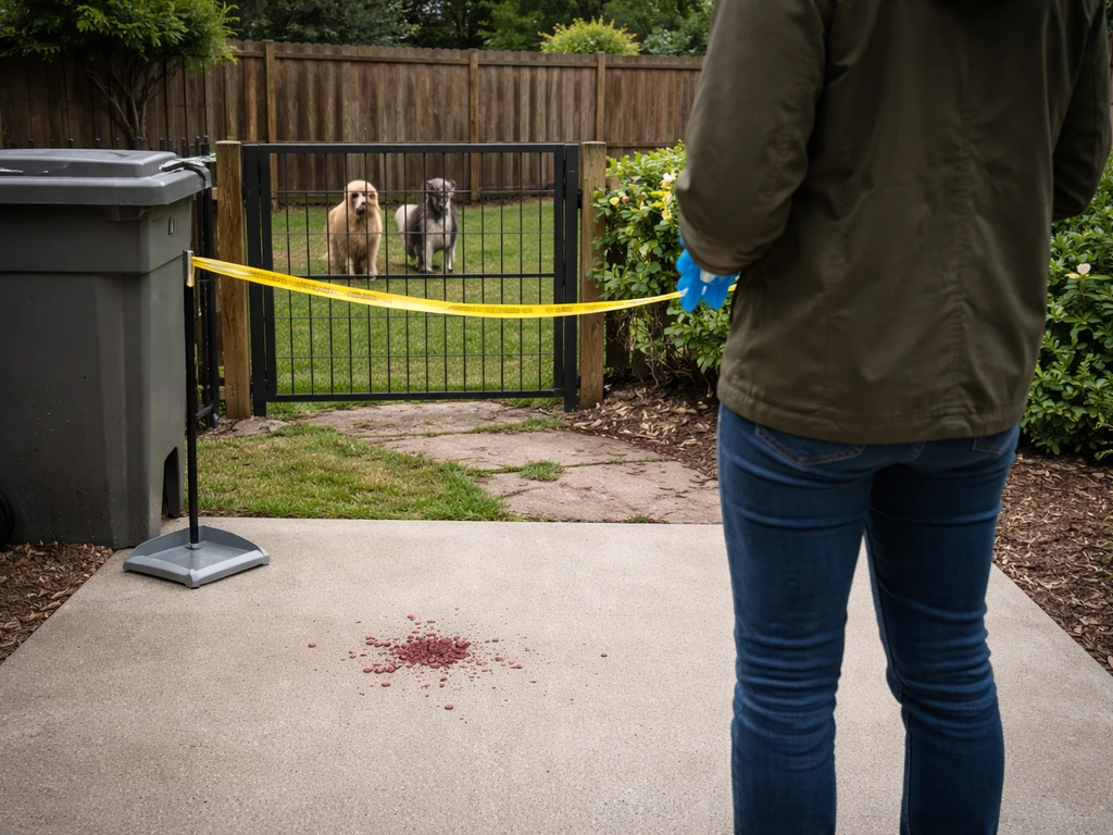 Homeowner keeping pets behind a gate and using barrier tape near suspected bloody bird droppings.