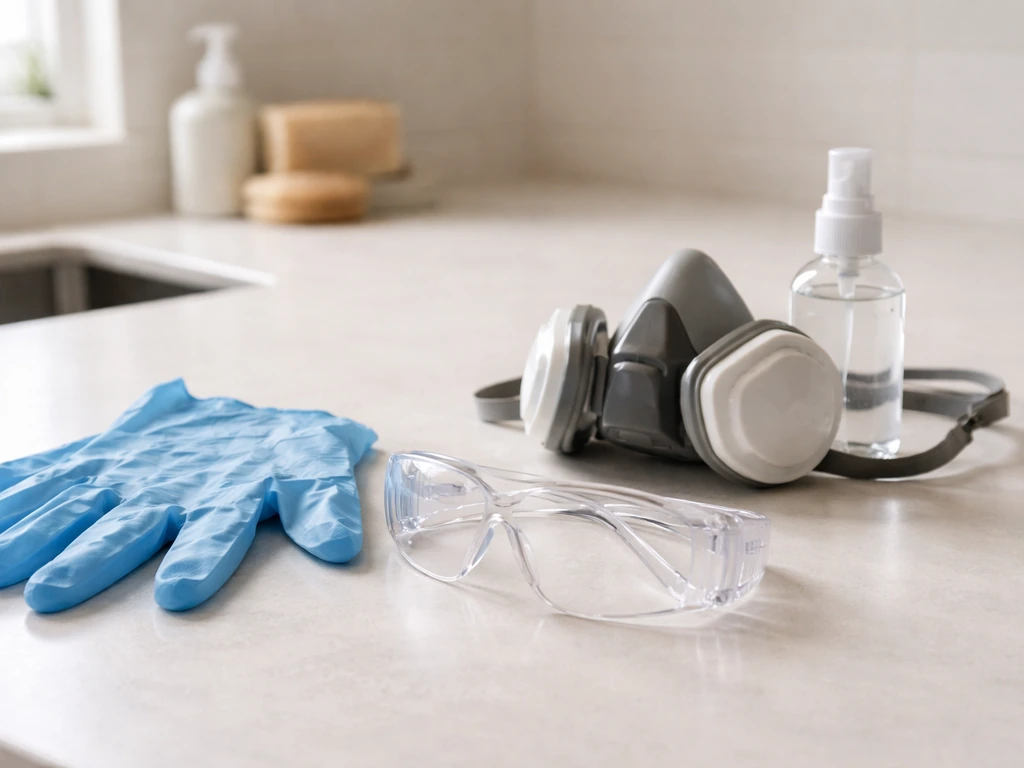 Nitrile gloves, eye protection goggles, and a respirator arranged for safe bird-dropping cleanup.