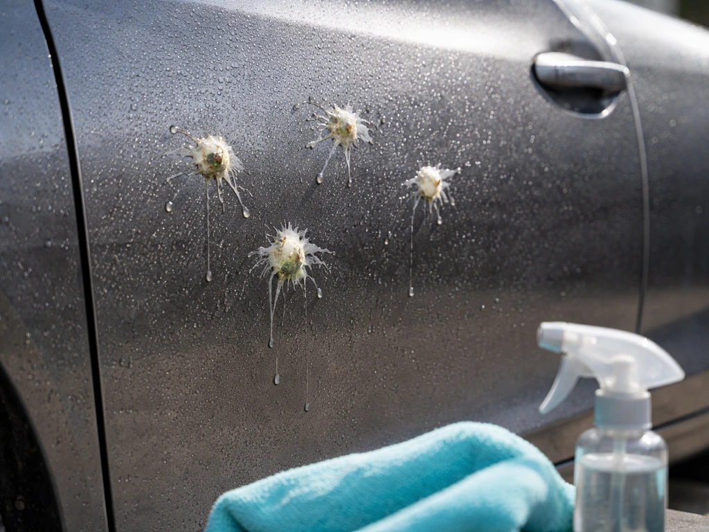 Car paint panel with bird droppings freshly soaked with detailing spray and soapy water.