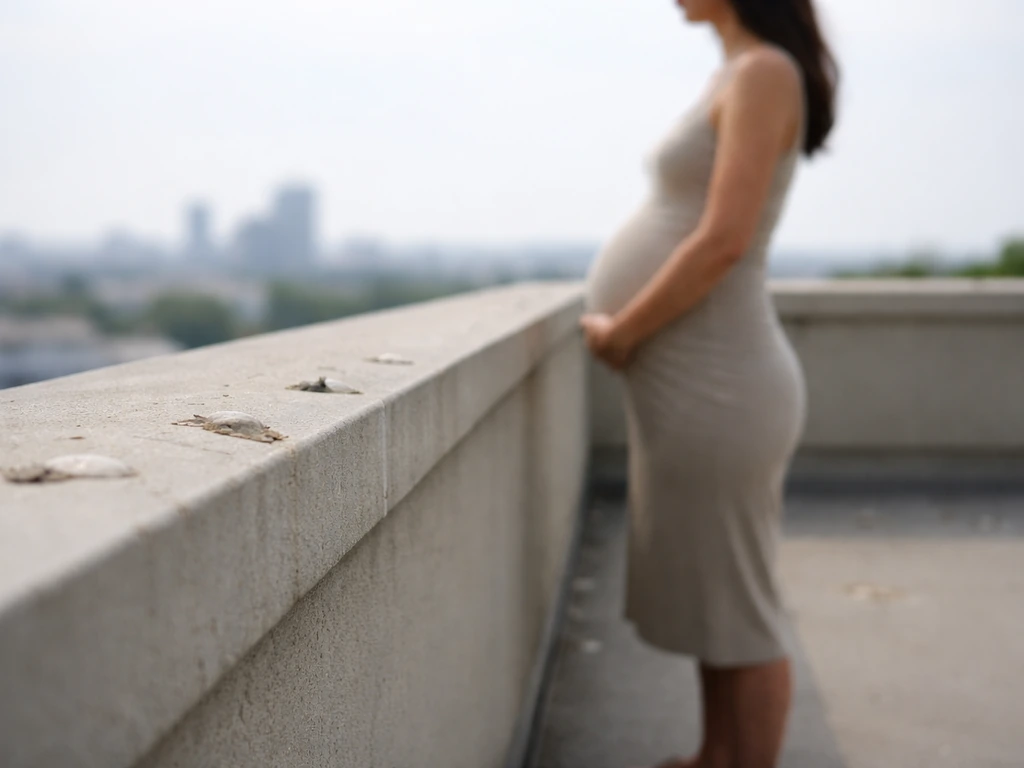 Pregnant silhouette near a rooftop ledge with a few bird droppings, conveying cautious safety awareness.
