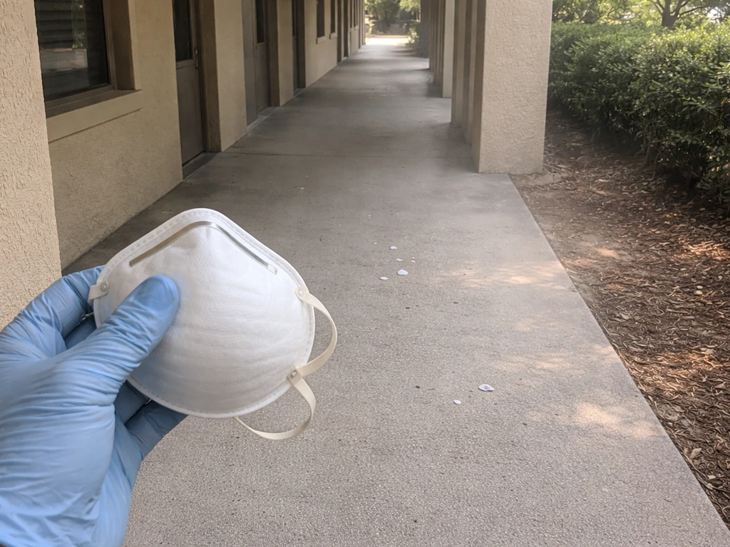 Gloved hand holding a dust mask near ground-level bird droppings, implying inhalation of disturbed dust.