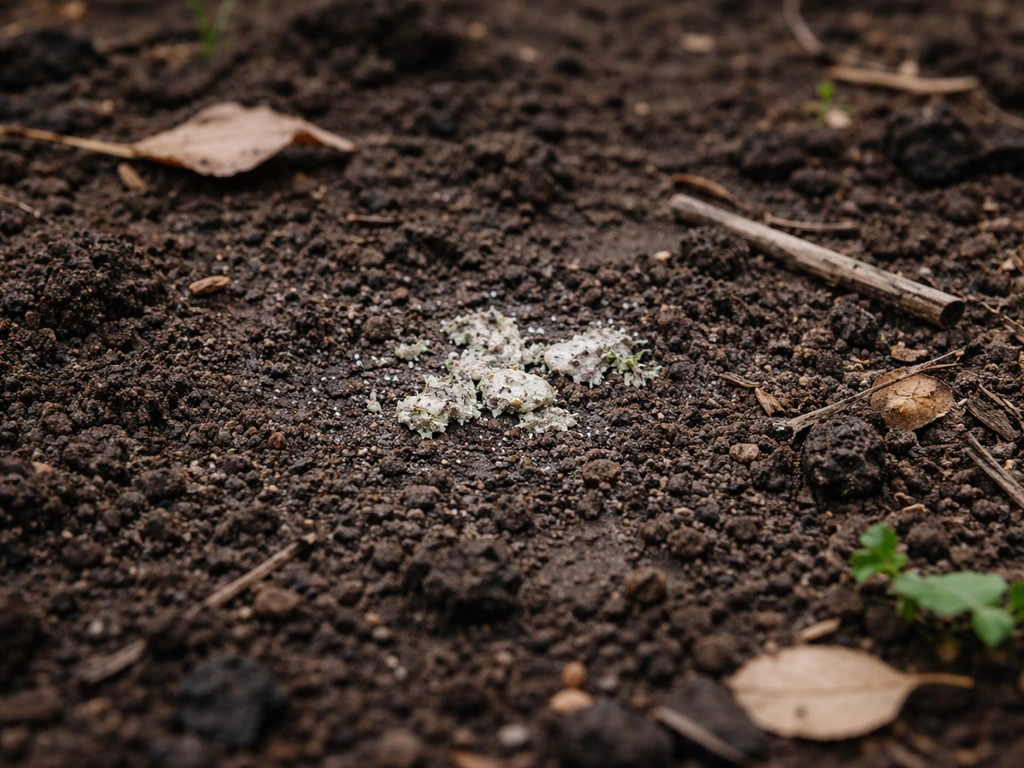 Close-up of dark, damp soil with bird droppings near ground level, suggesting inhaled spores exposure