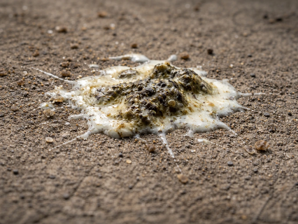 Close-up of bird droppings on rough concrete with dust-like grit nearby, emphasizing contamination risk.