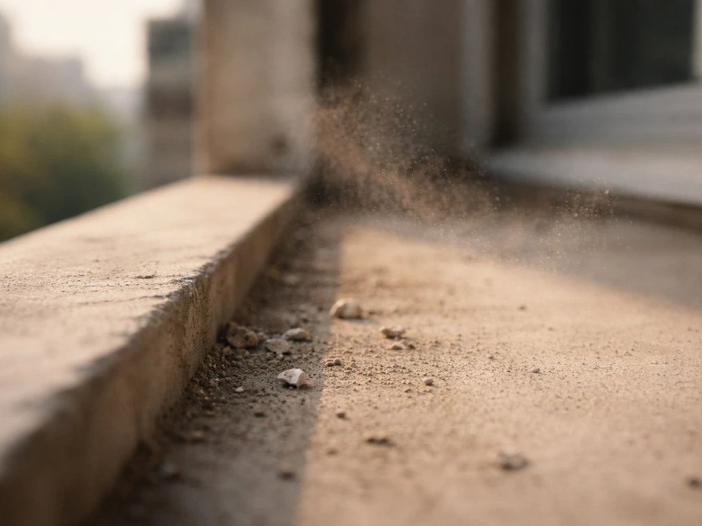 Outdoor ledge with dry droppings and a subtle dust/aerosol plume drifting upward in sunlight.