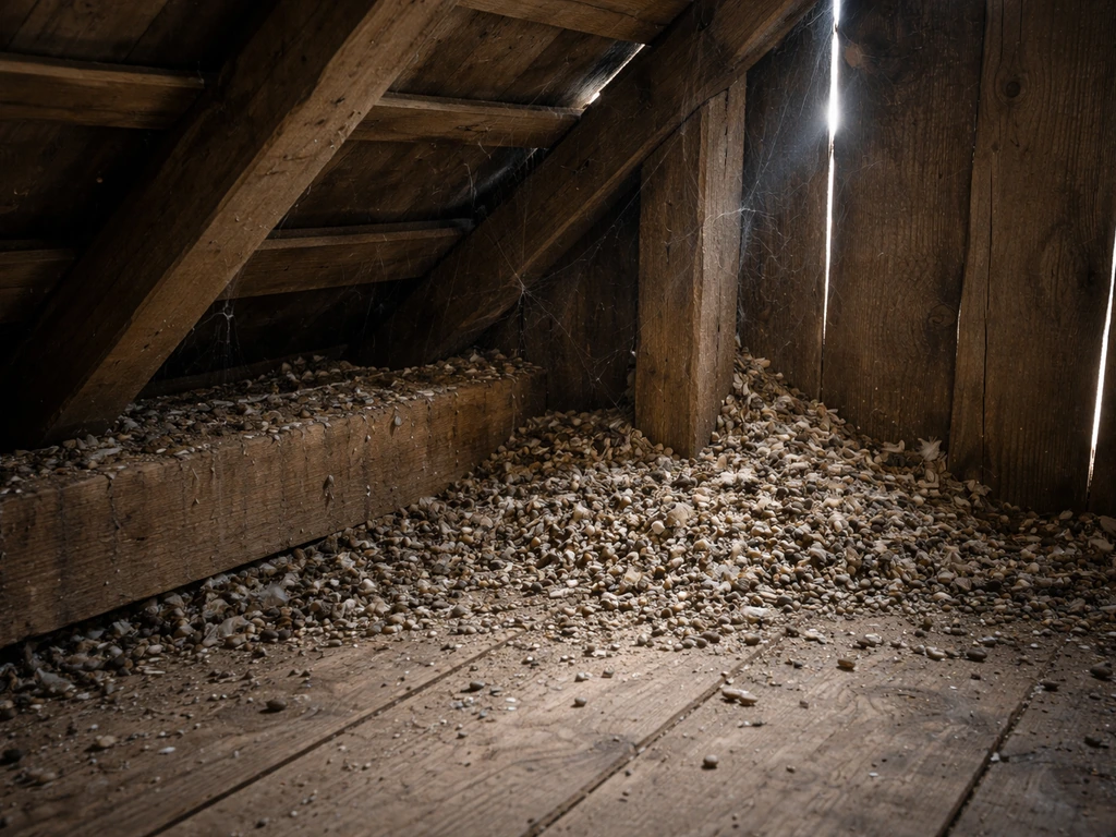 Dim attic/barn-like corner with visible accumulated bird droppings on rough beams and rafters