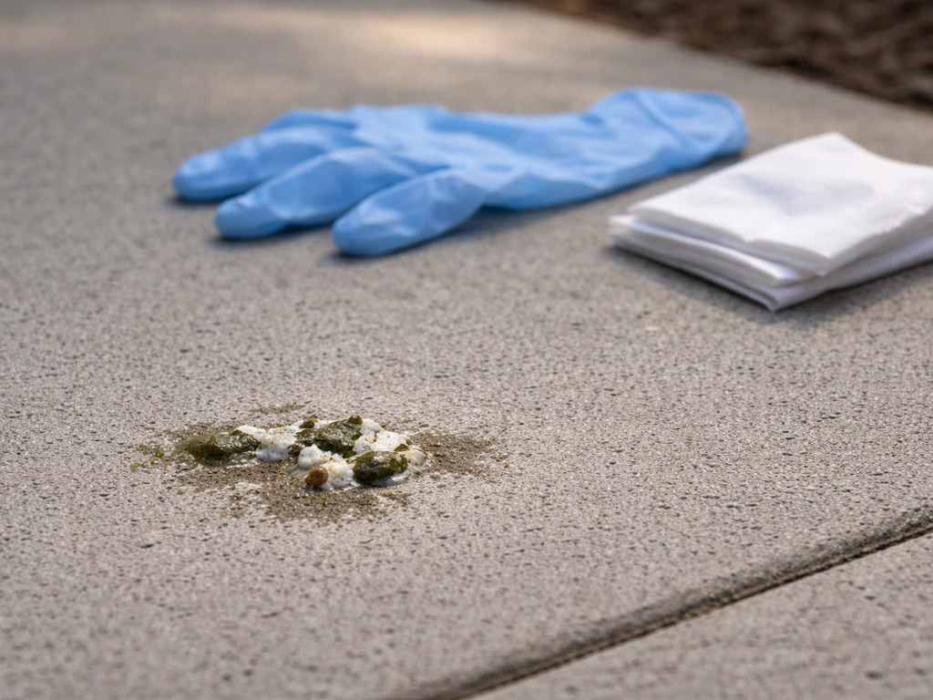 Close-up of bird droppings on a sidewalk with a nearby disposable glove and tissues for safe cleanup