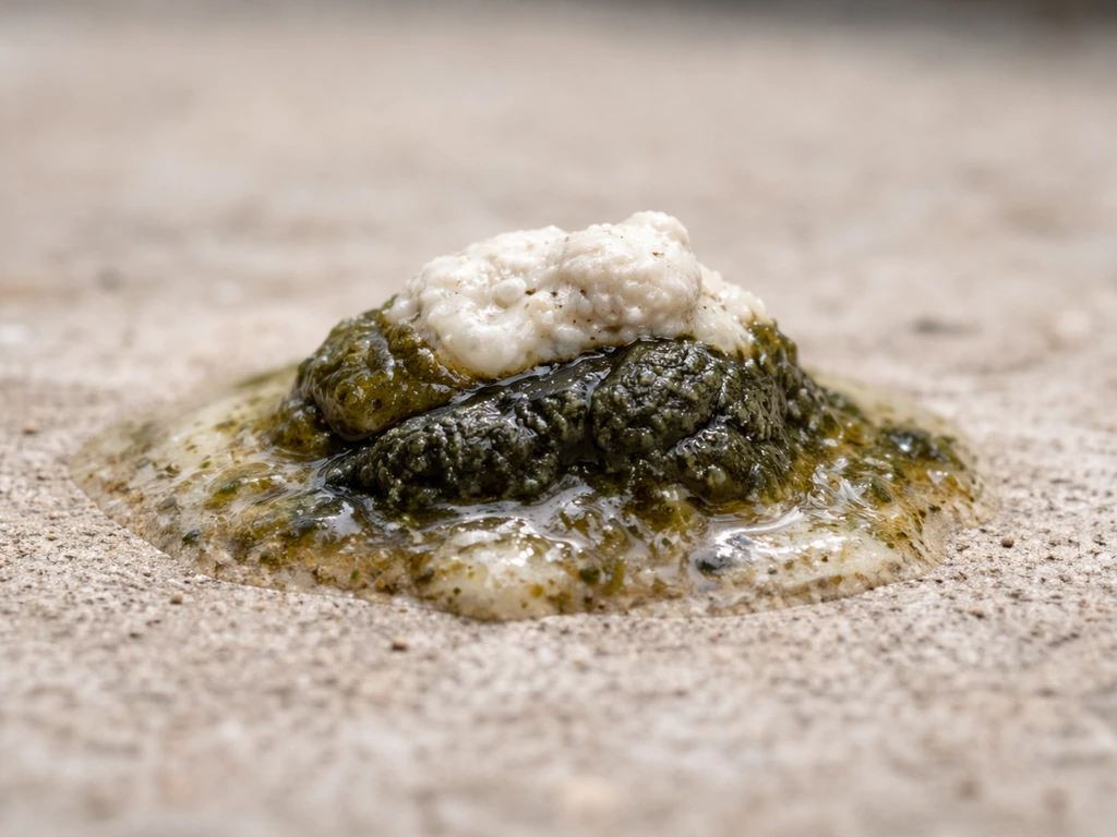 Macro close-up of a bird dropping showing dark core, pale urate cap, and moist crumbly texture.
