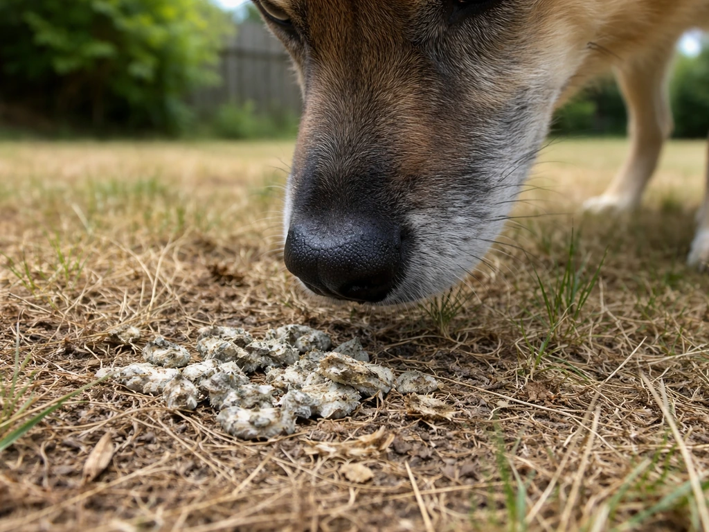 Close-up of a dog sniffing near dried bird droppings in a quiet backyard