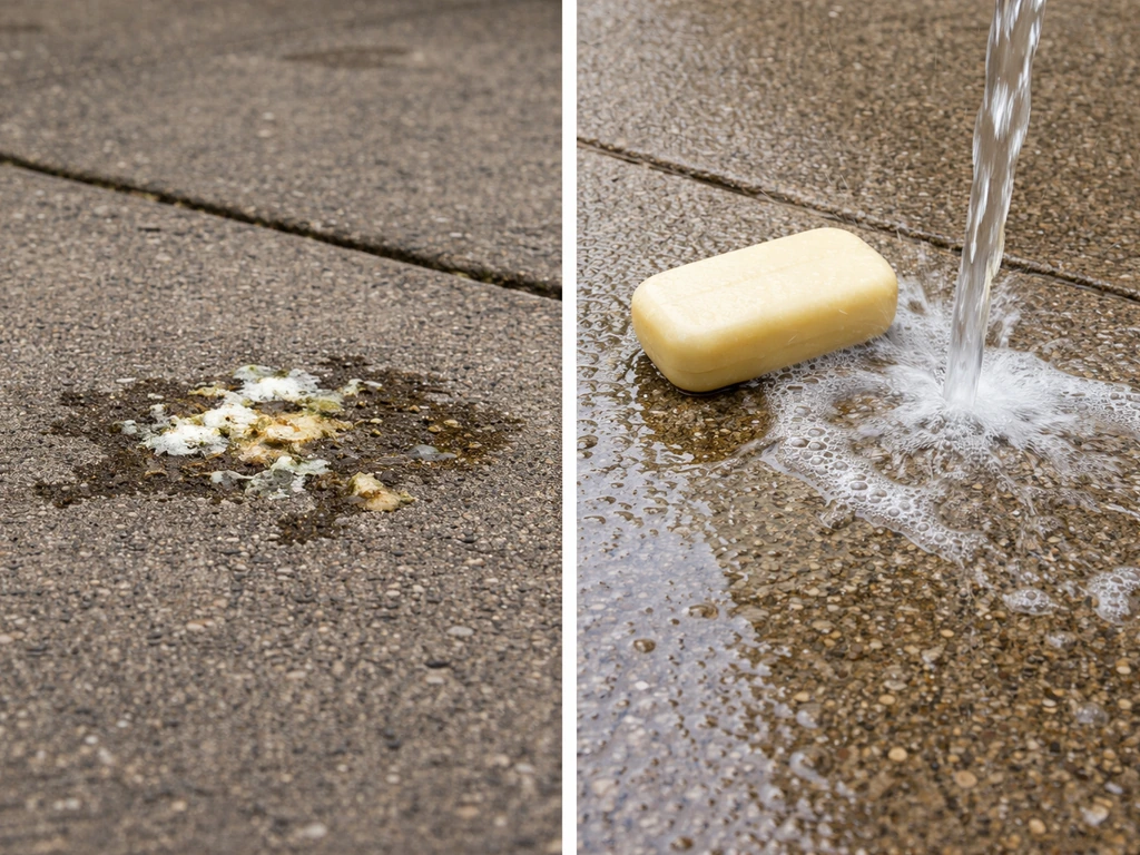 Split photo: dried bird droppings on pavement vs soap and water washing them away, clean surface.