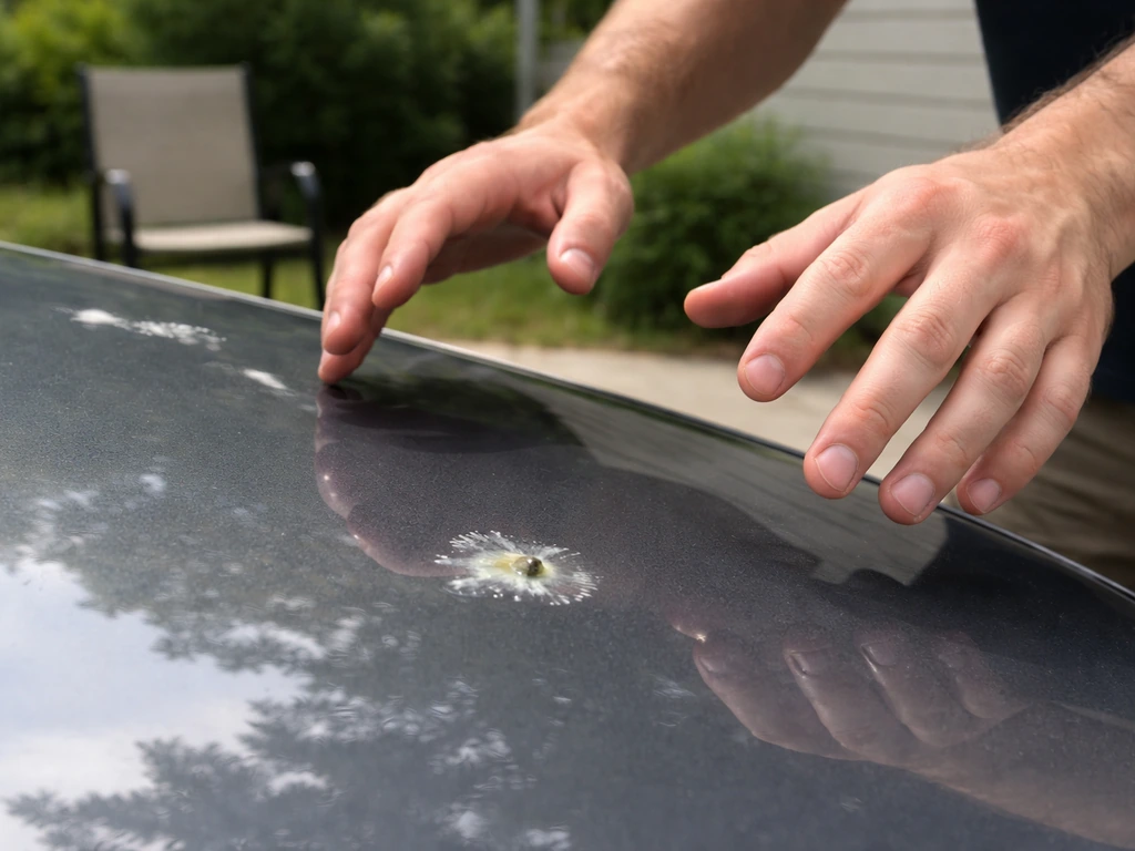 Hands inspecting a fresh bird dropping on a car hood beside an outdoor patio chair.
