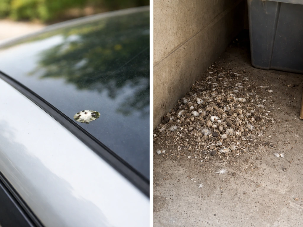 Split-scene photo showing one small bird dropping outdoors versus a larger accumulation in a shaded corner.