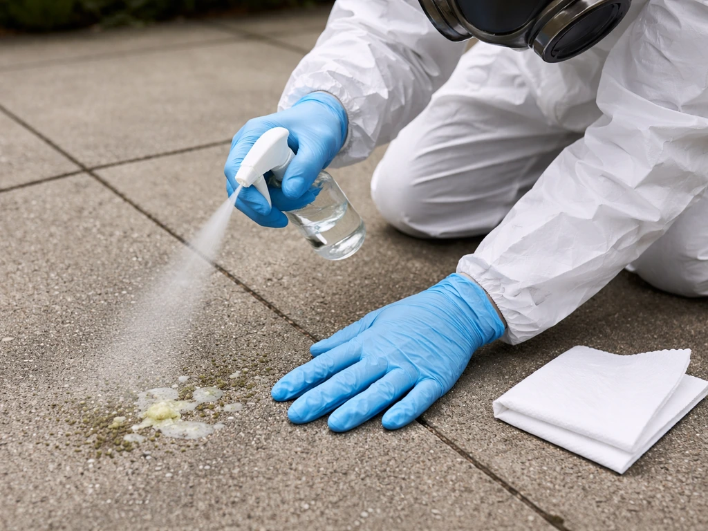 Gloved hands spraying mist to dampen bird droppings on a patio before wiping, with respirator PPE