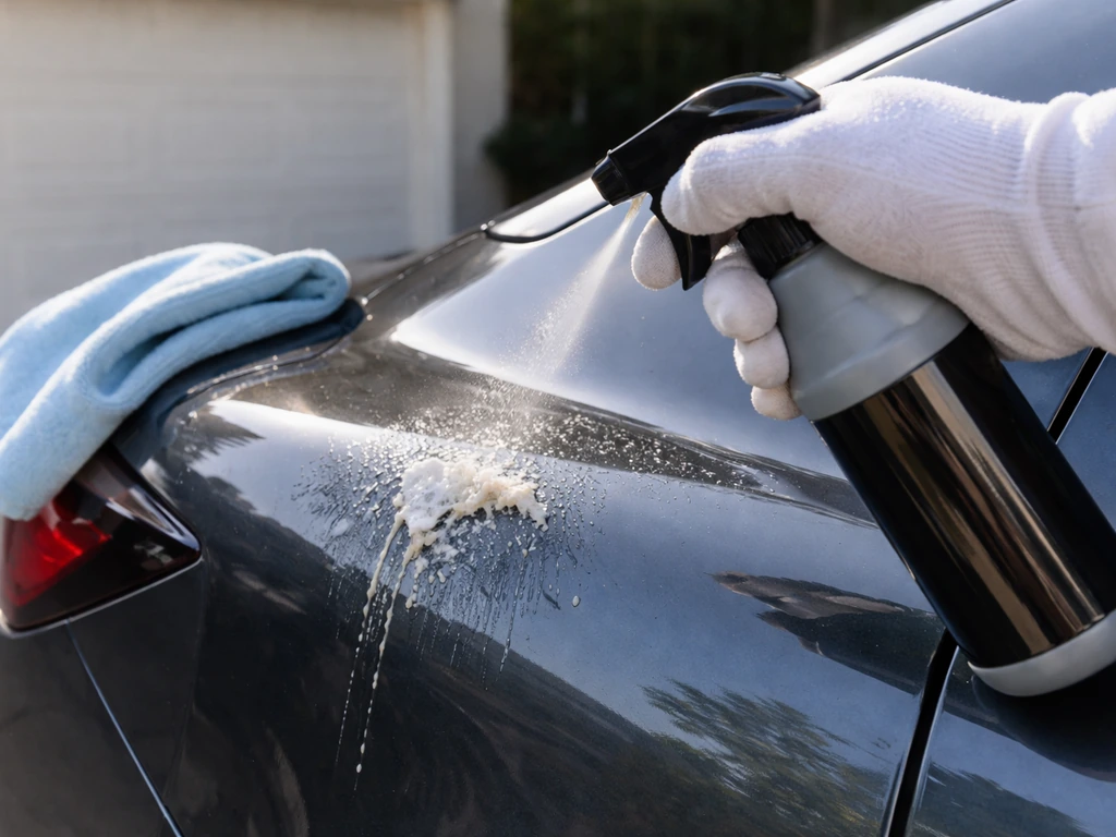 Gloved hand spritzing detailing spray on bird droppings, with a microfiber cloth beside a car panel.