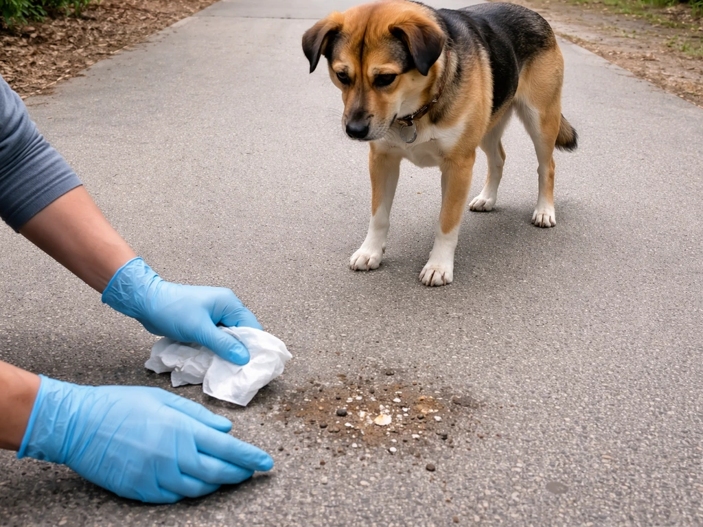 Crouching person in gloves guiding a dog away from a small patch of bird droppings on a walkway.