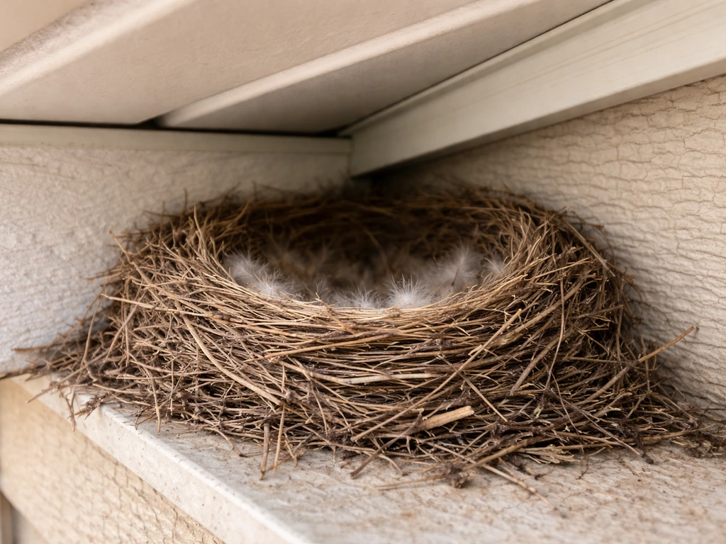 Close-up of a bird nest tucked under an eave, clean-looking with no visible droppings in frame.