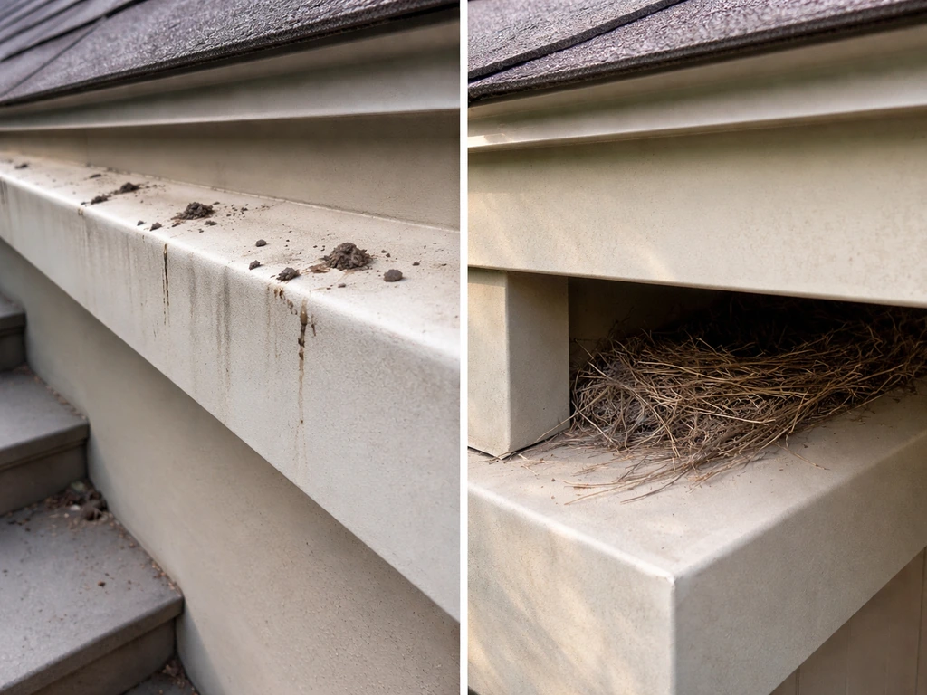 Split-view showing bird droppings on surfaces beside a tucked-away nest in a sheltered corner.
