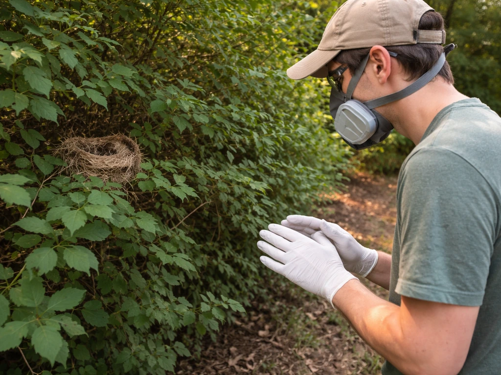Gloved person with respirator carefully inspecting a tucked bird nest area from a safe distance outdoors.