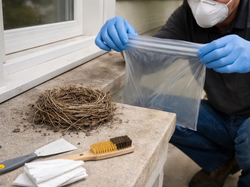 Gloved hands near a sealed bag and cleaning tools beside an unoccupied bird nest on a building ledge.