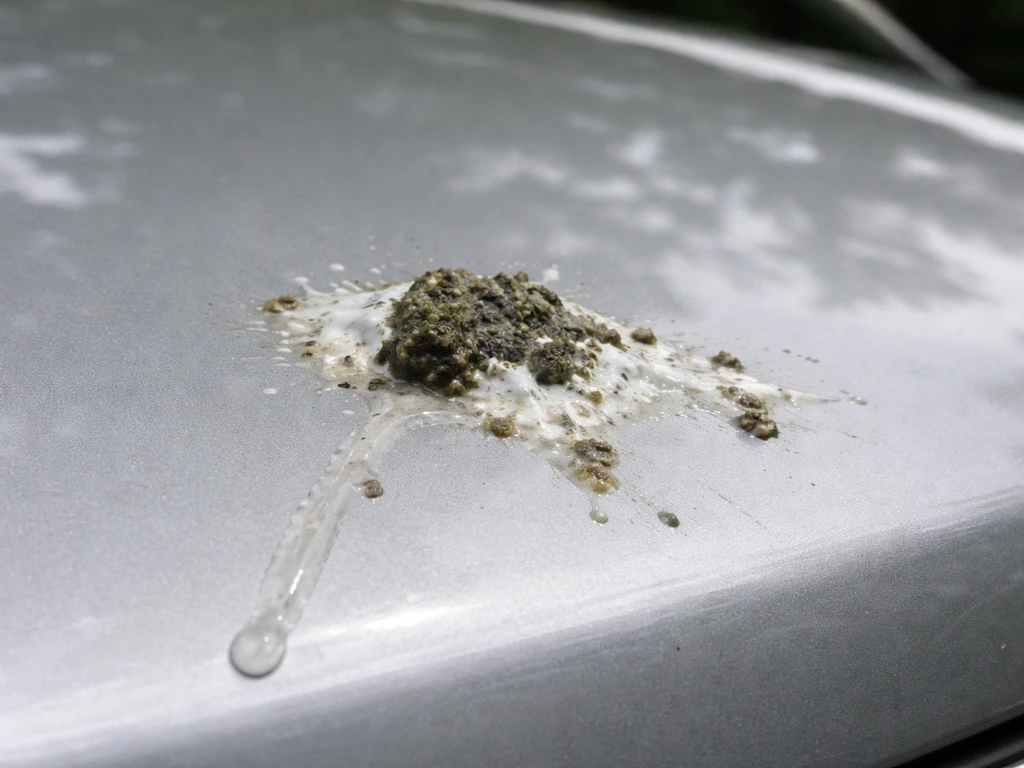Fresh bird droppings on a car hood in close-up, showing the real-life mess to safely clean.