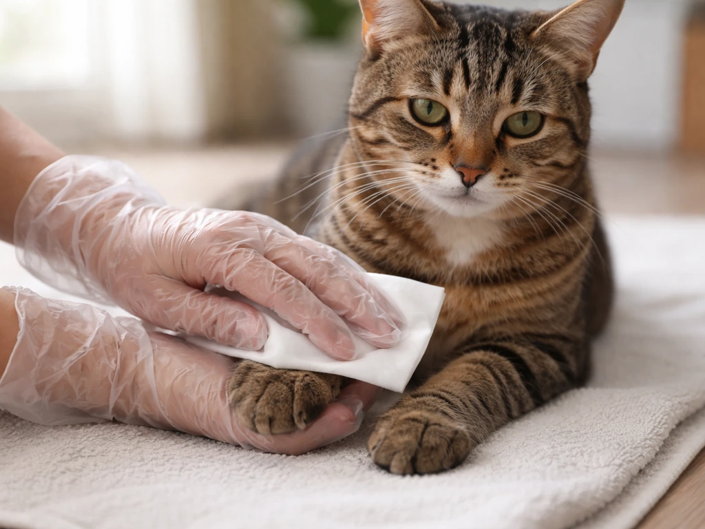 Gloved hand gently wipes a cat’s paw/coat with a pet-safe unscented wipe.