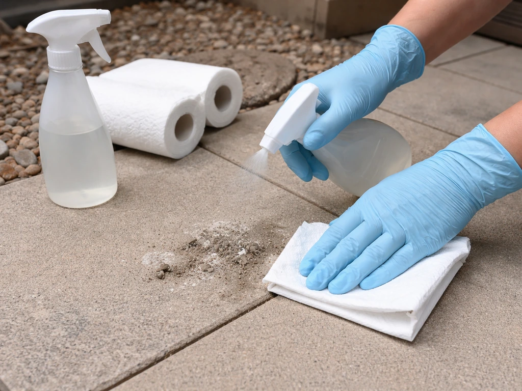 Gloved hands dampen and wipe up small bird droppings on a patio with disposable paper towels.