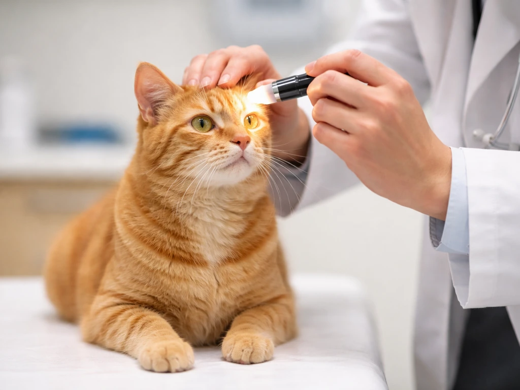 An orange tabby cat being examined with a handheld light at a vet clinic eye exam.