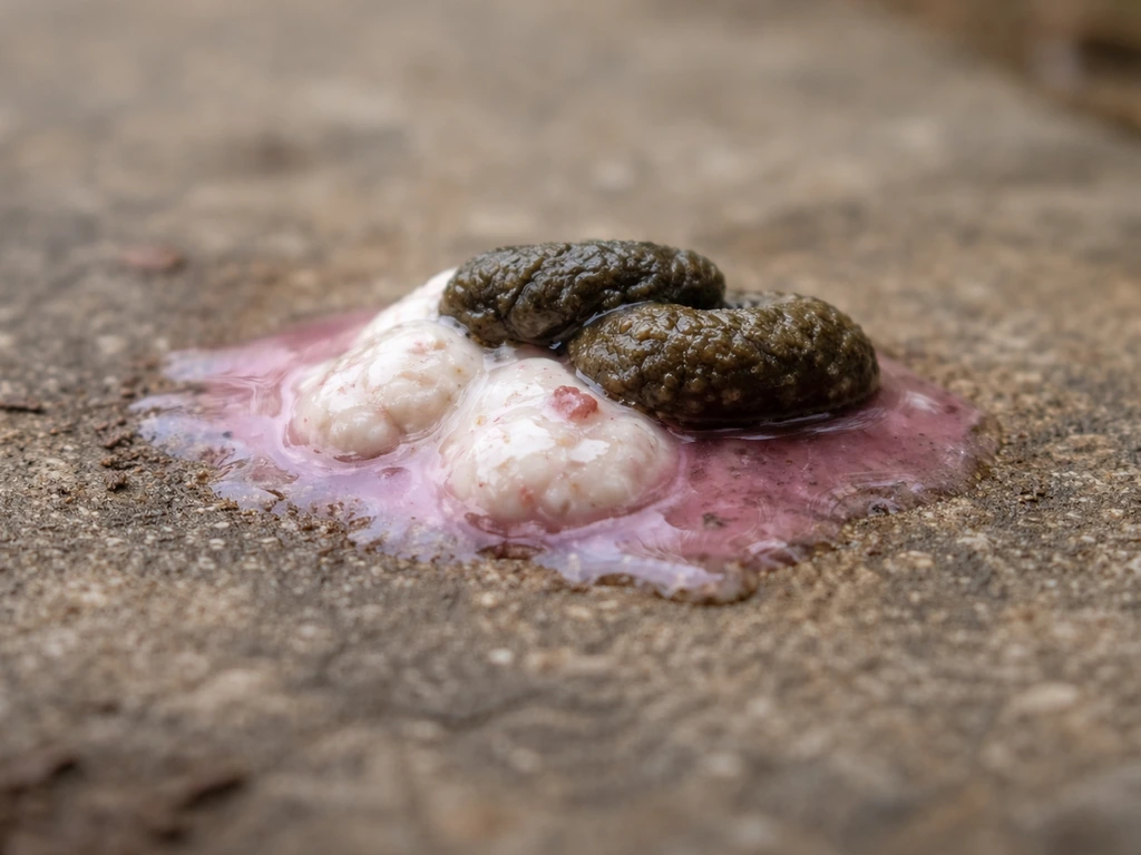 Macro close-up of bird droppings with pink tint—white urates, dark feces, and liquid urine on outdoor ground.