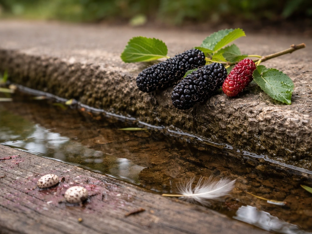Berries on a branch near a small puddle, with soft-focus bird-feeding context suggesting diet-driven pink droppings.