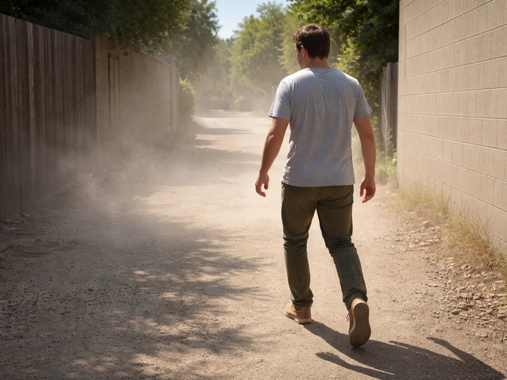 Person stepping away from a dusty outdoor area into fresh air with a clear path ahead.