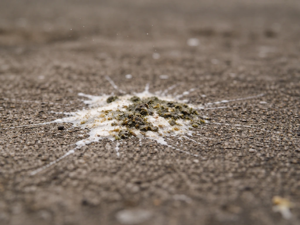 Close-up of bird droppings on concrete with floating dust particles suggesting inhalation risk.