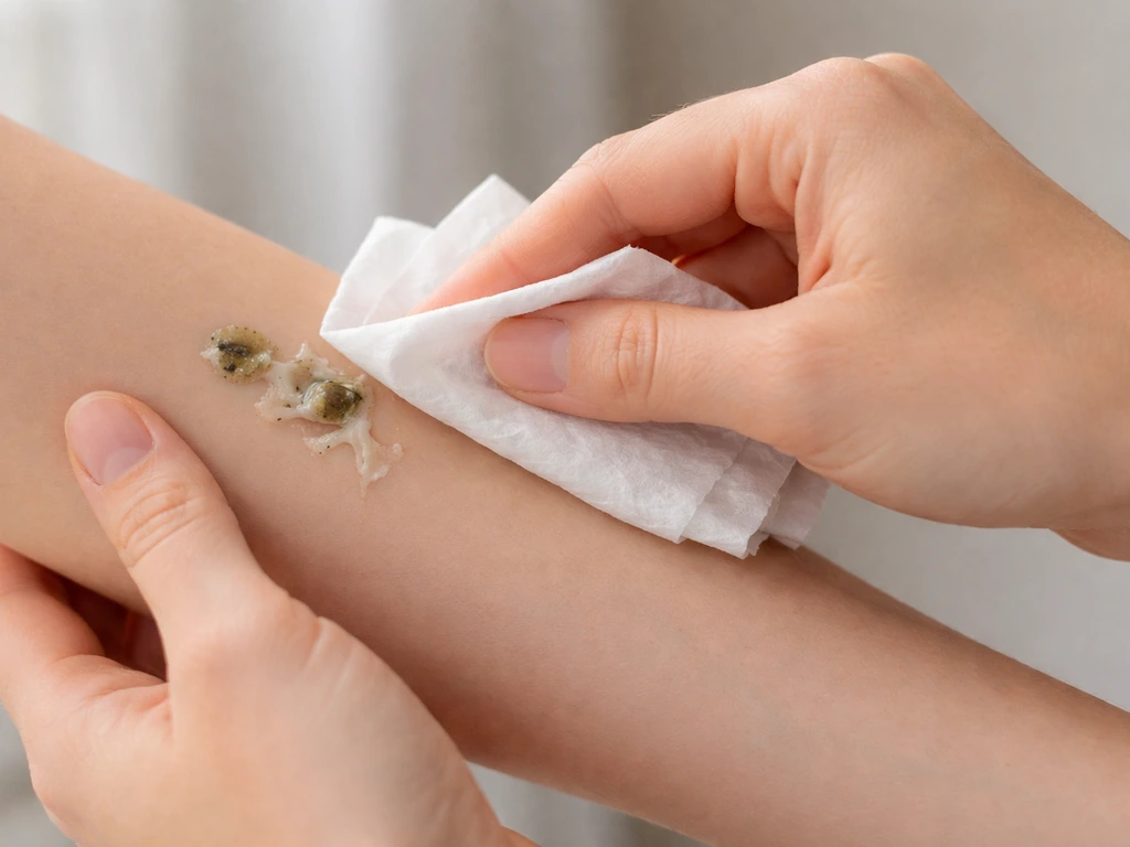 Close-up of hands using damp wipes and a paper towel to gently lift bird droppings from skin.