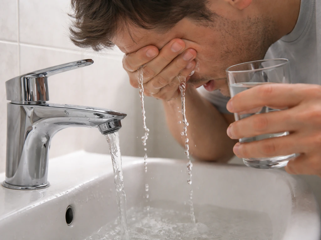 Anonymous person rinsing eyes with running water and holding a small glass to rinse their mouth