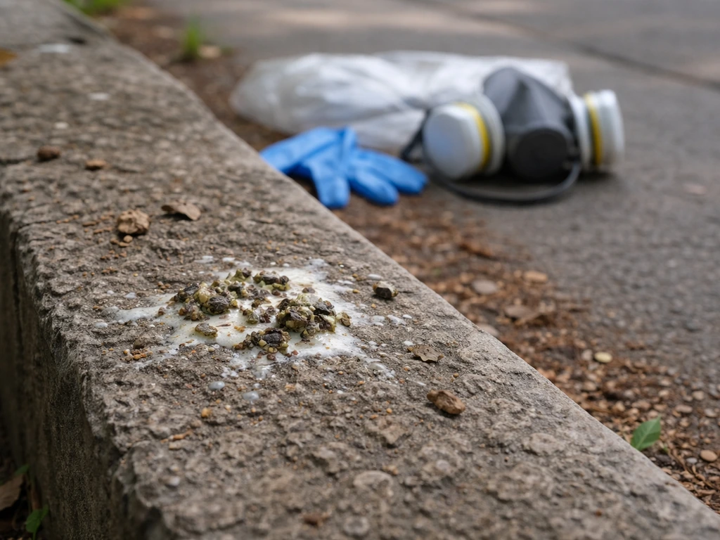 Close-up of bird droppings on an outdoor ledge with visible gloves and mask for safe cleanup.