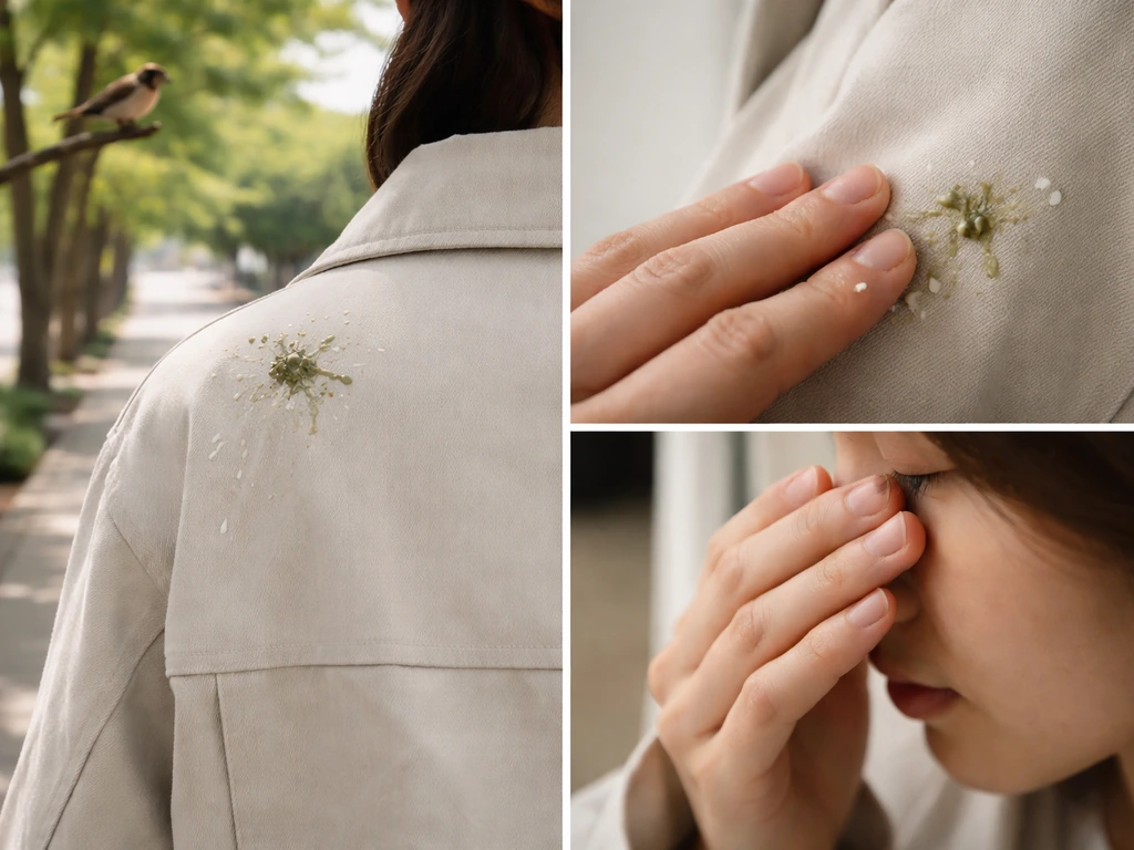 Split-scene showing bird droppings on clothing, a hand contact pathway, and an irritant/allergy cue near the eye.
