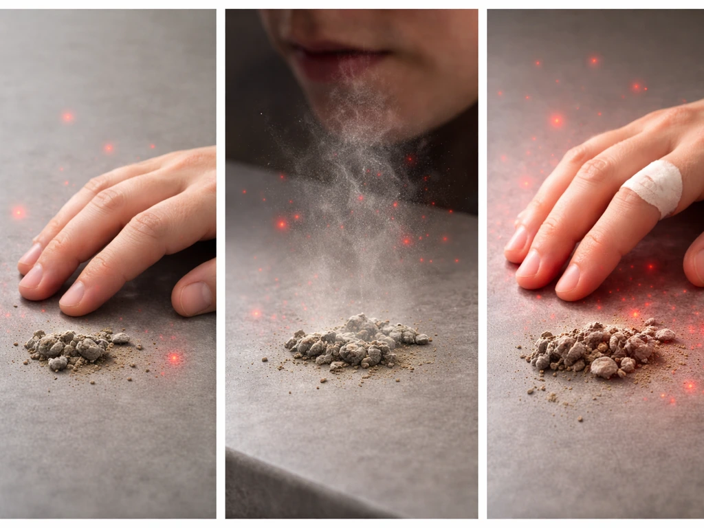 Minimal triptych of three safe, anonymous exposure routes: intact skin contact, inhaled dust plume, and hand with small