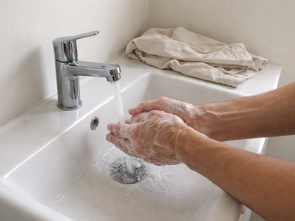 Person washing hands at a sink with running water and soap, clean minimal bathroom setting.