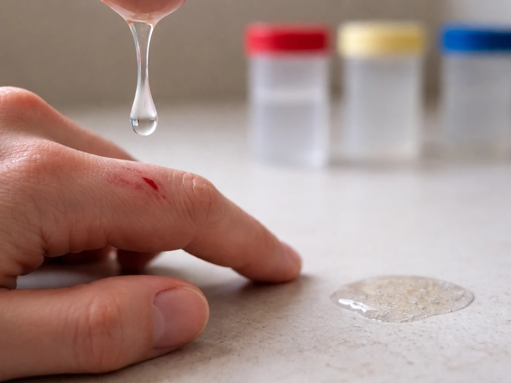 Close-up of a hand with a small cut about to contact a saliva droplet on a plain background.