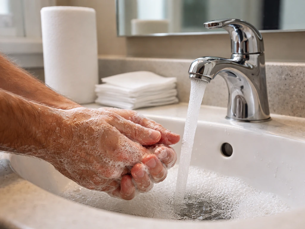 Close-up of hands washing under a sink faucet with soap and a running water stream