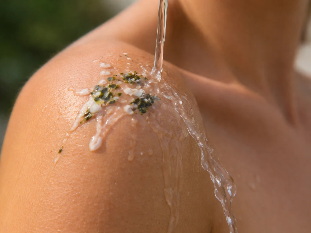 Close-up of fresh bird droppings on a person’s shoulder/arm with clean water rinsing over the area.
